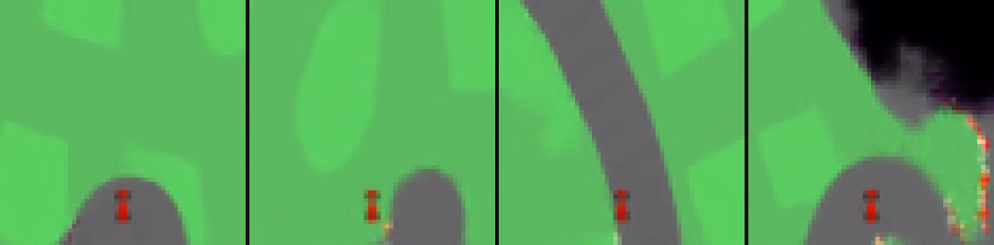 Four late frames from the same dream: the road has dissolved into a green field with a small grey bump under the car, and a black blob spreads in from the top right of the last frame