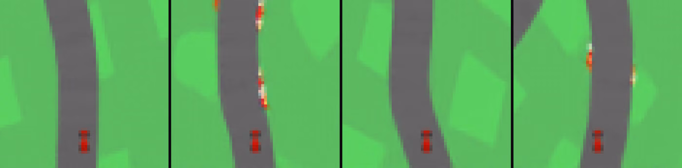 Four consecutive frames dreamed by the GRU world model: a grey road curving through green grass with a red car at the bottom of each frame, and red and white kerbs along the bend