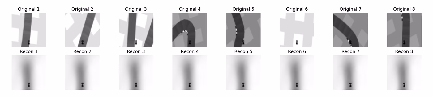 Eight original CarRacing frames with different curves above eight reconstructions that all show the same blurry vertical road with a car at the bottom