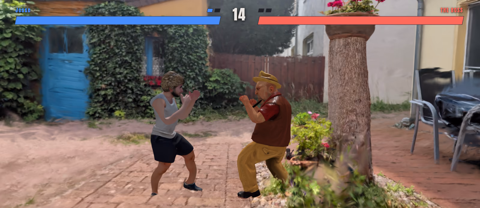 Two fighters squaring up on the paving of a garden courtyard, a blue door and ivy behind them and a tree trunk between