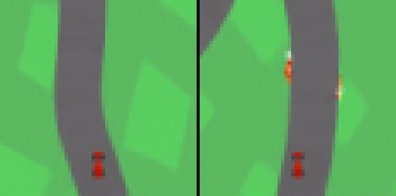 Two frames dreamed by the GRU world model: a grey road curving through green grass with a red car at the bottom
