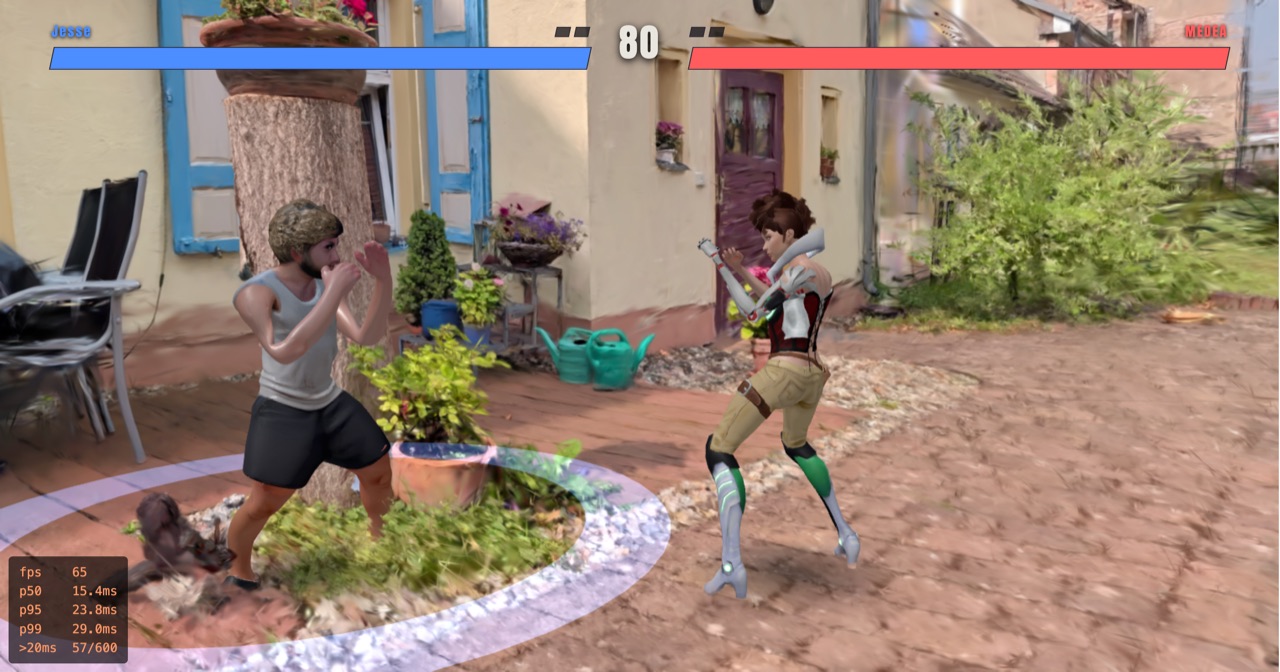 Two custom fighters mid-match in a Gaussian-splat scan of a garden courtyard